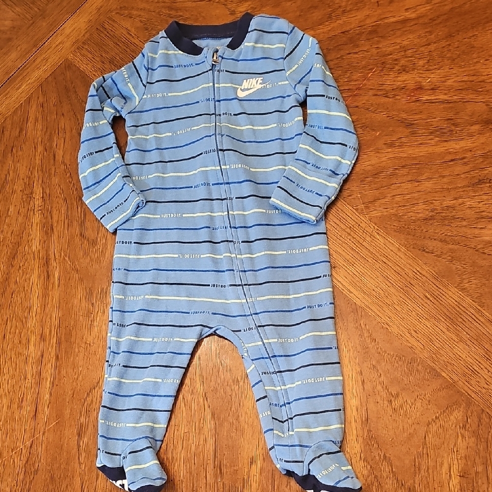 Nike Blue Striped Kids One Piece Footed Pj Sz 6 Months Sporty Comfy Zip Up Urban